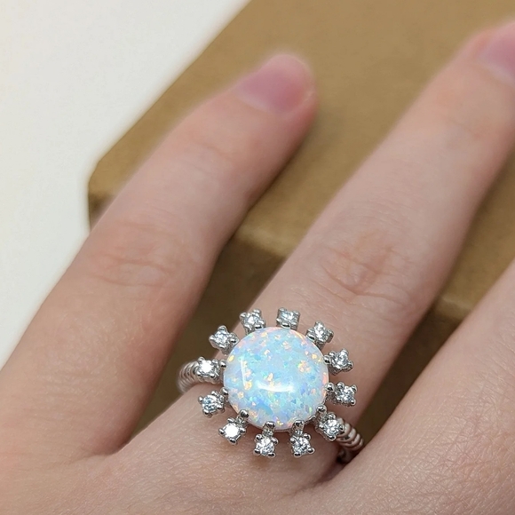 Jewelry - New sterling silver 925 faux white round opal iridescent flower ring cz